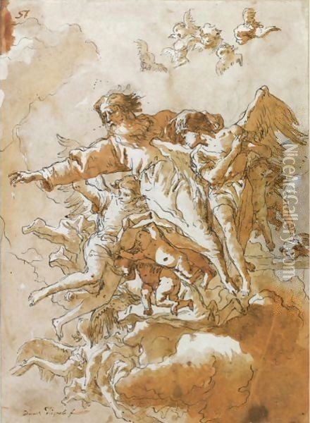 God The Father In The Clouds Supported By Angels And Putti Oil Painting - Giovanni Domenico Tiepolo