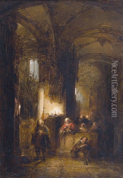 Kircheninterieur Mit Betenden (pair) Oil Painting - George Gillis van Haanen