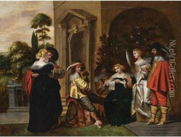 An Elegant Company Making Music, Drinking And Courting In A Garden Setting Oil Painting - Christoffel Jacobsz van der Lamen
