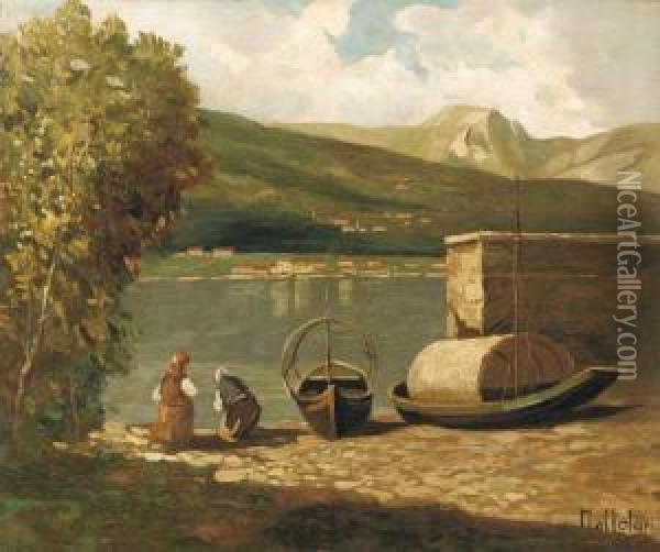 Lavandaie A Lierna, Lago Di Lecco Oil Painting - Ugo Mazzolari