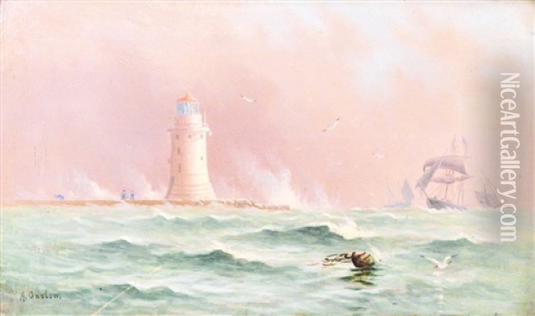Plymouth Breakwater Lighthouse Oil Painting - Edouard Amable Onslow