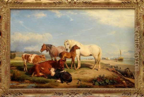 Horses And Cattle Near An Estuary With A Hay Barge Loading In The Distance Oil Painting - Henry Brittan Willis