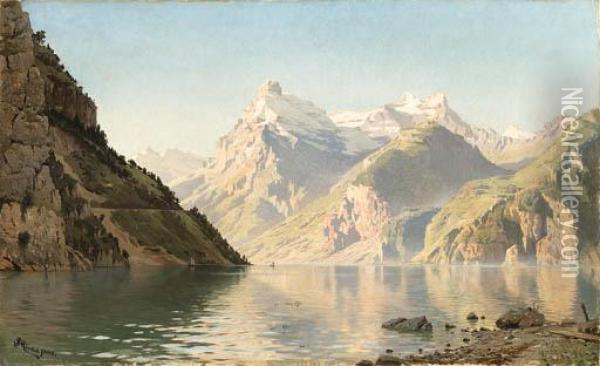 A Springtime Mountain Landscape Oil Painting - Peder Mork Monsted