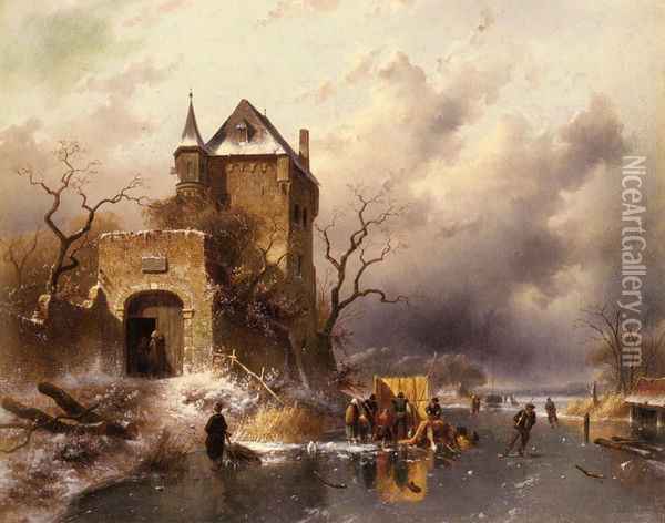 Skaters on a Frozen Lake by the Ruins of a Castle Oil Painting - Charles Henri Joseph Leickert