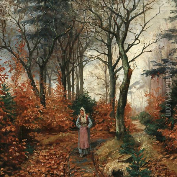 Woman In Anautumn Forest Oil Painting - Hans Christian Koefoed