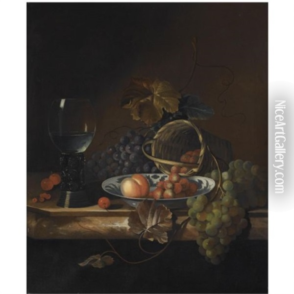 Still Life Of Blue And White Grapes, A Peach And Strawberries In A Porcelain Bowl And Basket, Together With Cherries And A Roemer, All On A Marble Ledge Oil Painting - Barend van der Meer