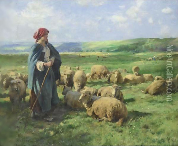 A Young Shepherdess Watching Over Her Flock Oil Painting - Julien Dupre