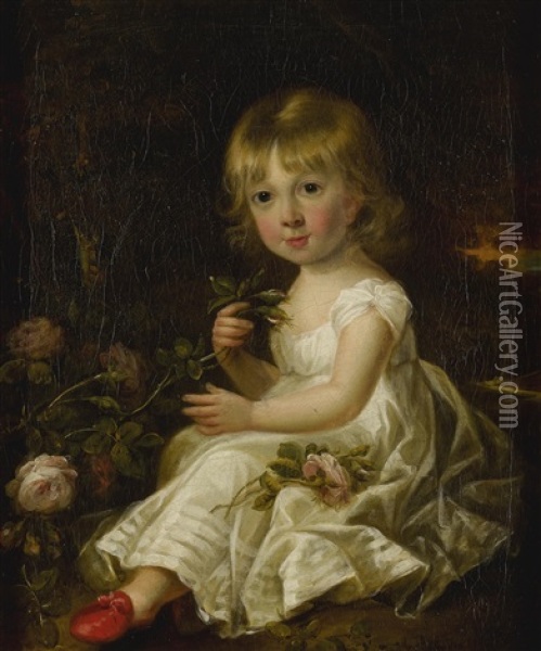 Portrait Of A Young Girl, Full Length, Holding Flower Oil Painting - Sir William Beechey