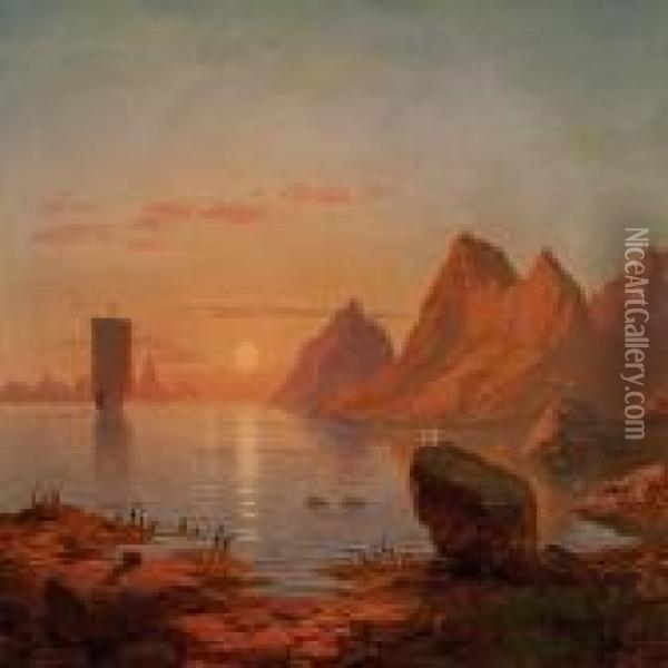 View Of A Scandinavian Coast With A Sailing Ship In The Sunset Oil Painting - Georg-Eduard Otto Saal