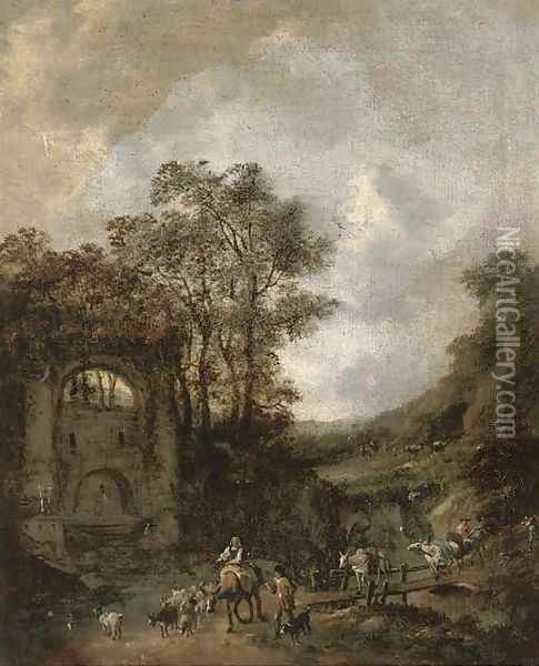 A river landscape with shepherds and their flock crossing a bridge to a fountain Oil Painting - Jan Wynants