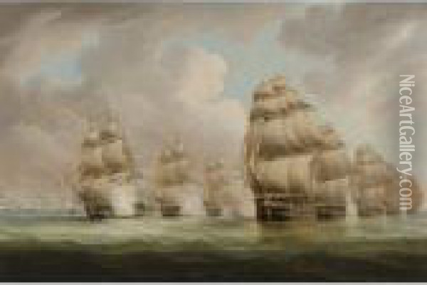 The Action Of Commodore Dance 
And The Comte De Linois Off The Straits Of Malacca, February 15th Oil Painting - Thomas Buttersworth