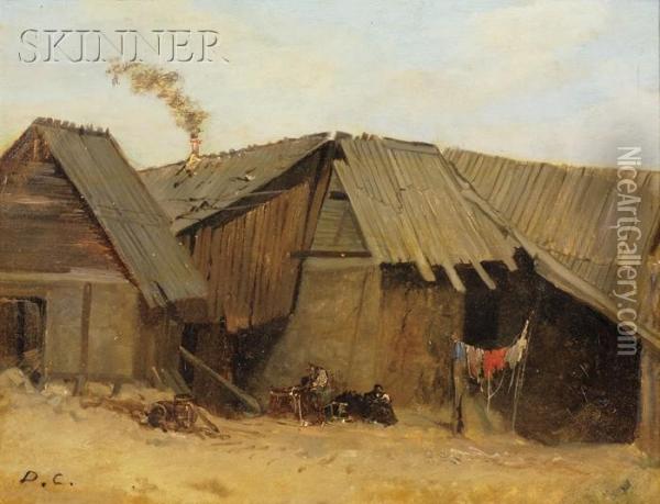 Peasant Shacks With Clothesline Oil Painting - Alexandre Gabriel Decamps