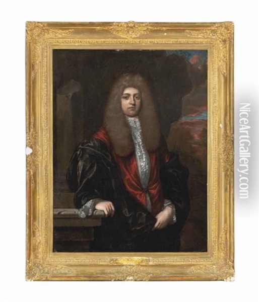 Portrait Of A Gentleman, Three-quarter-length, In A Red Coat And Black Robe, In A Landscape Oil Painting - Reinier De La Haye