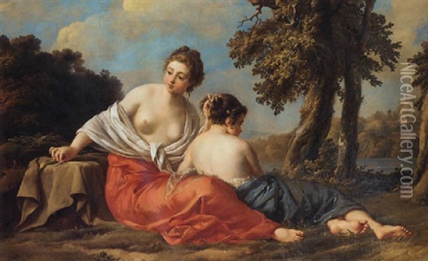 A Girl Tying Up Another Girl's Hair By A Riverbank Oil Painting - Jean Baptiste Marie Pierre