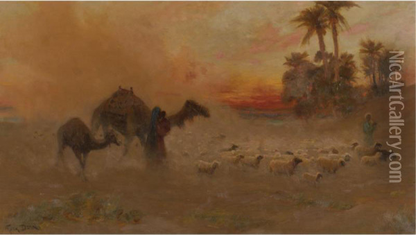 Sheepherders Returning At Sunset, Egypt Oil Painting - Frank Dean