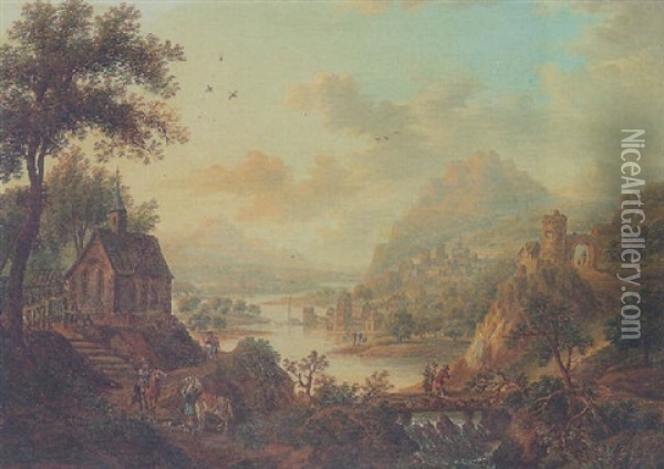 A River Landscape With Travellers On A Bridge Oil Painting - Christian Georg Schuetz the Younger