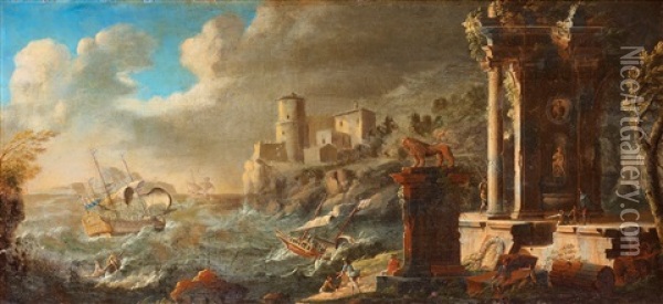 Italiensk Landskap Med Ruiner Oil Painting - Gennaro Greco