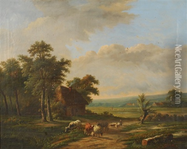 Bergers Et Troupeaux Dans Un Paysage Oil Painting - Charles Edmond Renault