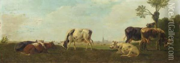 Cows In A Panoramic Polderlandscape Oil Painting - Albertus Verhoesen