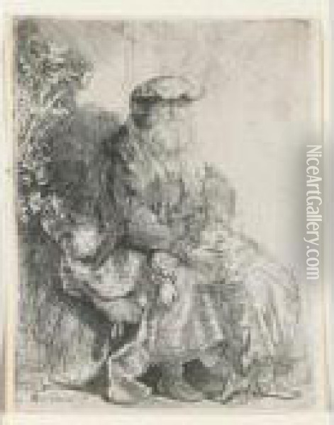 Abraham Caressing Isaac (b., Holl. 33; H. 148; Bb. 37-2) Oil Painting - Rembrandt Van Rijn