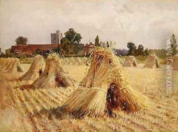 Corn Stooks by Bray Church Oil Painting - Heywood Hardy