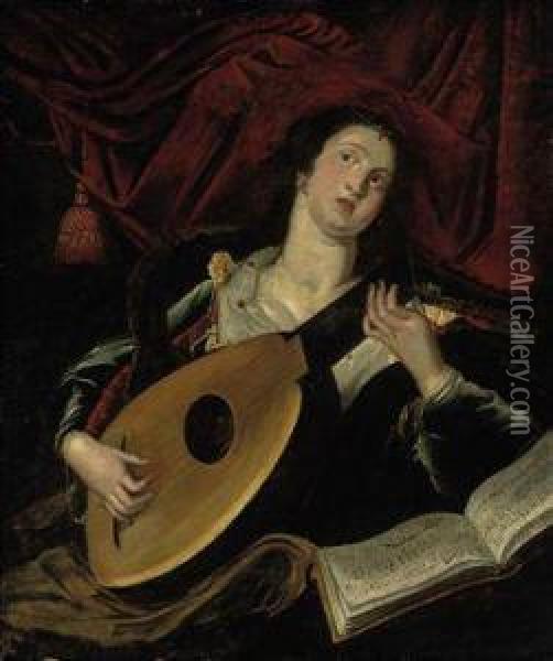 A Lady Playing A Lute Oil Painting - The Master Of The Female Half-Lengths