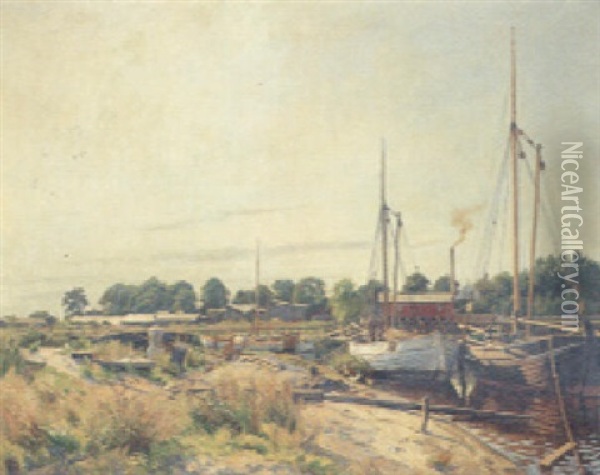 Fishing Boats Moored On A River Bank Oil Painting - Elnar V. Boegh