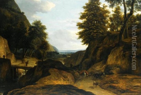 A Wooded Mountain Landscape With A Herdsman And His Cattle, A Traveler Crossing A Bridge Over A Stream Oil Painting - Roelant Roghman