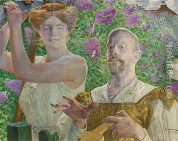 Self-portrait With Muse And Buddleia Oil Painting - Jacek Malczewski