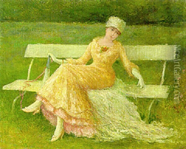 Elegant Lady Seated On A Bench In The Park Oil Painting - Jan van Beers