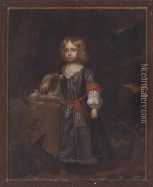 Portrait Of Sir Hugo Briggs In A Grey Dress, Holding A Bow And Arrow In His Left Hand With A Spaniel By His Side Oil Painting - Charles d' Agar