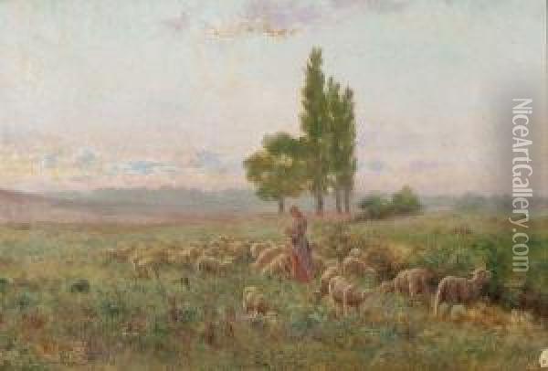 La Bergere Et Ses Moutons Oil Painting - John-Lewis Shonborn