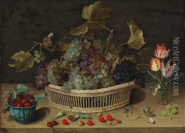 A Still Life Of Fruit And Flowers With Grapes In A Wicker Basket Oil Painting - Isaac Soreau