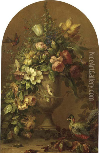 Flowers In A Stoneware Vase With Tropical Birds Oil Painting - Lucien Manceau