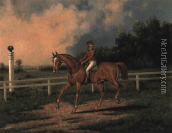 Chestnut Racehorse With Jockey Up On Training Track Oil Painting - Henry H. Cross