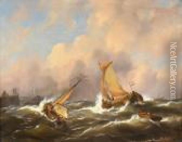 Barcas Pesqueras Cerca De Un Muelle Oil Painting - Abraham Hulk Jun.