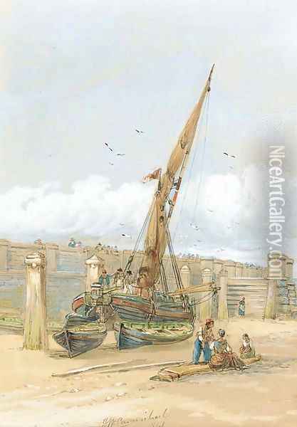 Fishermen gossiping before a beached vessel Oil Painting - James Wilson Carmichael