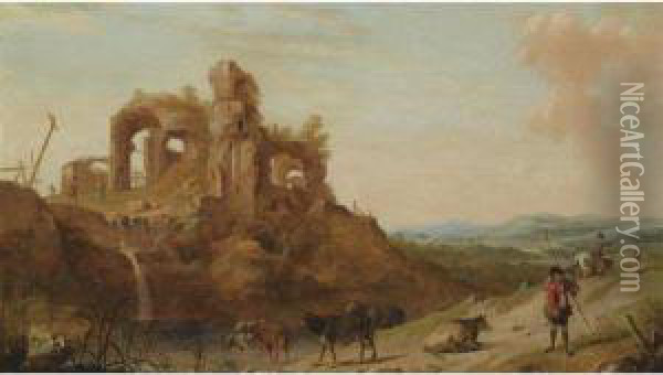 Italianate Landscape With Shepherds And Cattle Among Roman Ruins Oil Painting - Dirck Van Der Lisse