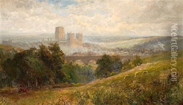 A View Of The Town Of Durham And The Cathedral With Sheep Grazing In The Foreground Oil Painting - Albert Stevens