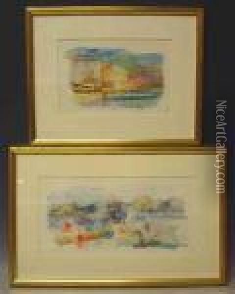 A) Frauen Mit Boot An Einem Ufer , Boote Im Hafen Oil Painting - Pierre Auguste Renoir