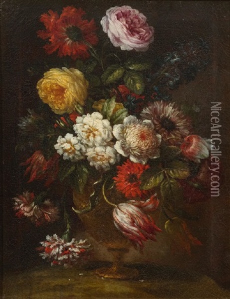 Still Life Of Flowers With Roses, Carnations, Anemones, And A Hyacinth In A Metal Vase Oil Painting - Bartolommeo Bimbi