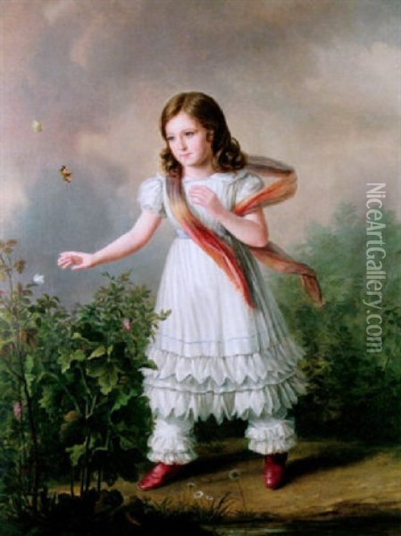 Fillette Cherchant A Saisir Un Papillon Pose Sur Un Rosier Oil Painting - Gustav de Galard