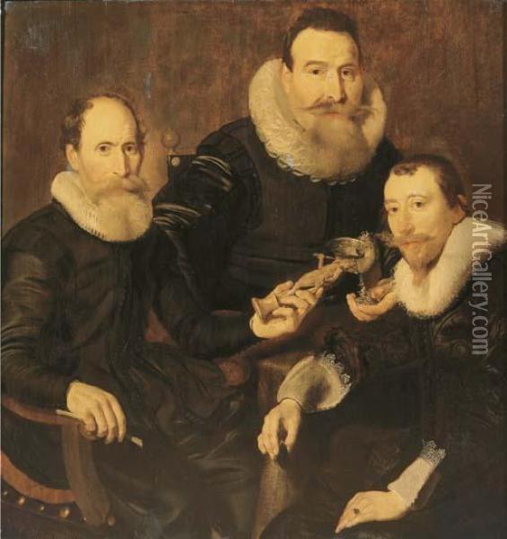 Group Portrait Of Three 
Gentlemen, Three-quarter-length, Seated In Black Costumes With Lace 
Collars And Cuffs Oil Painting - Thomas De Keyser