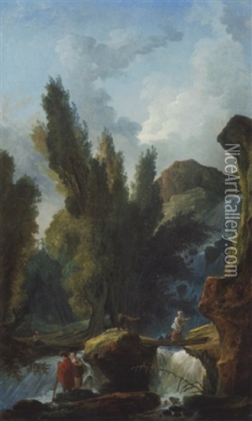 Personnages Pres D'une Cascade Dans Un Paysage Rocheux Oil Painting - Hubert Robert