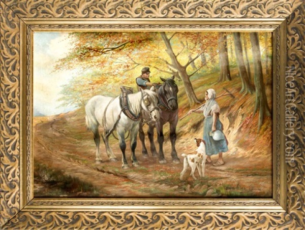Bauer Mit Pferden Begegnet Einer Magd Im Wald Oil Painting - Jef Louis Van Leemputten