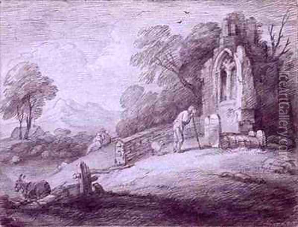 Churchyard with Figure Contemplating Tombstone Oil Painting - Thomas Gainsborough