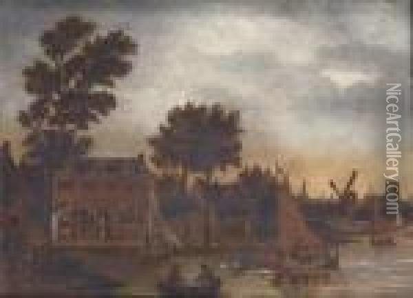 A River Landscape With A Town Oil Painting - Thomas Heeremans
