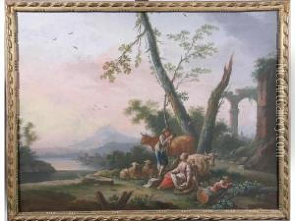 Scene Pastorale Avec Ruines Antiques Oil Painting - Jean-Baptiste Claudot De Nancy