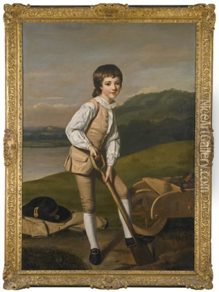 Portrait Of Sir William Clayton, 4th Bt (1762-1834) When A Boy, Wearing A Buff Waistcoat And White Shirt, Holding A Spade Oil Painting - William Hoare