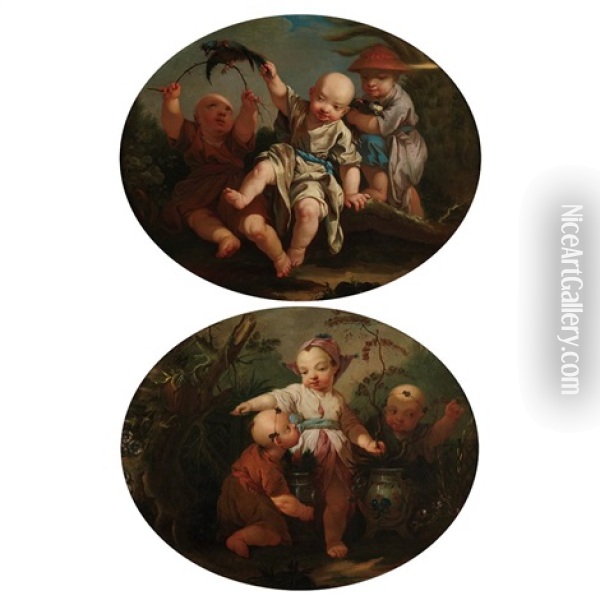 Chinoiserie Scenes Of Children At Play (2 Works) Oil Painting - Hugues Taraval